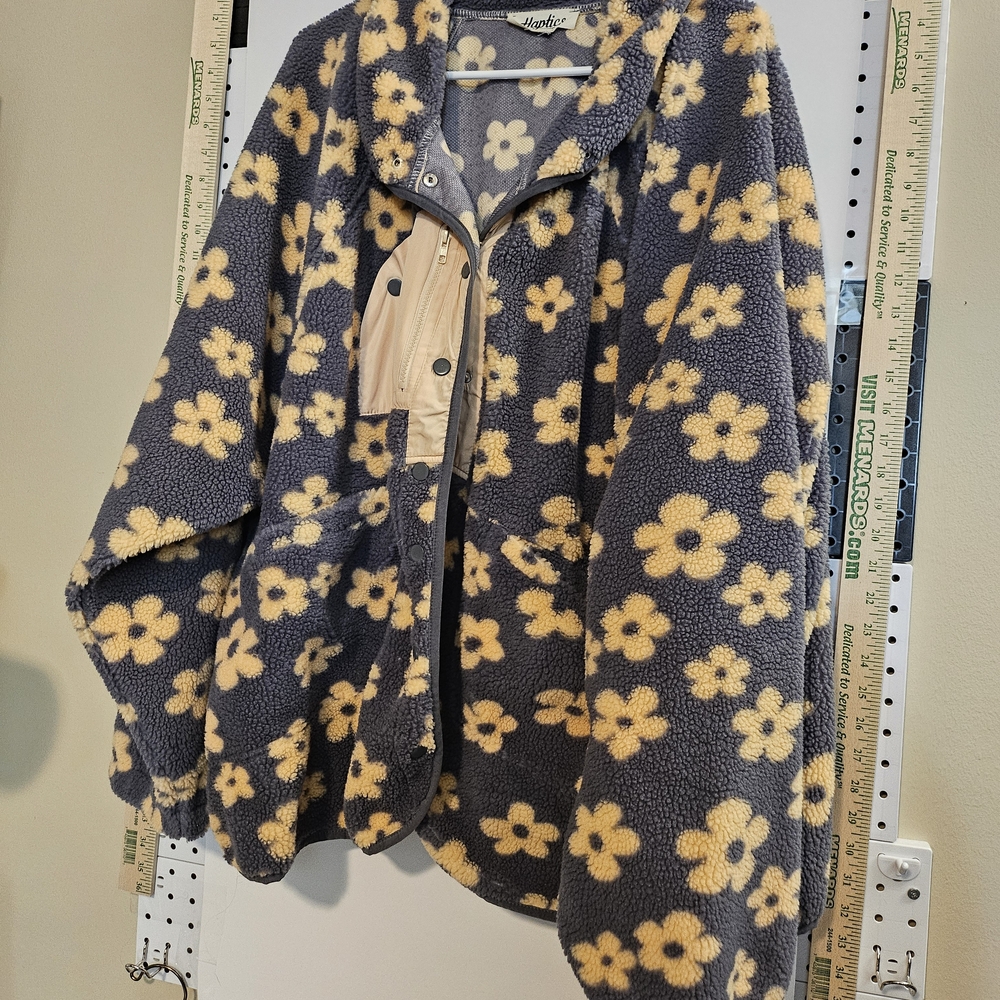 Harper Plush Floral Teddy Jacket - Charcoal with Yellow Flowers
